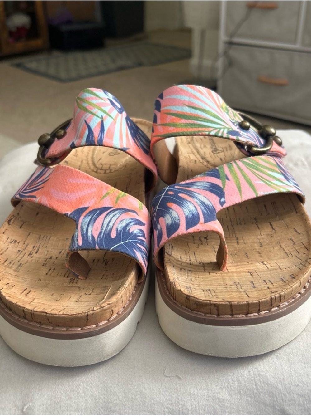 BareTraps Pink Tropical Print Cork Footbed Sandals